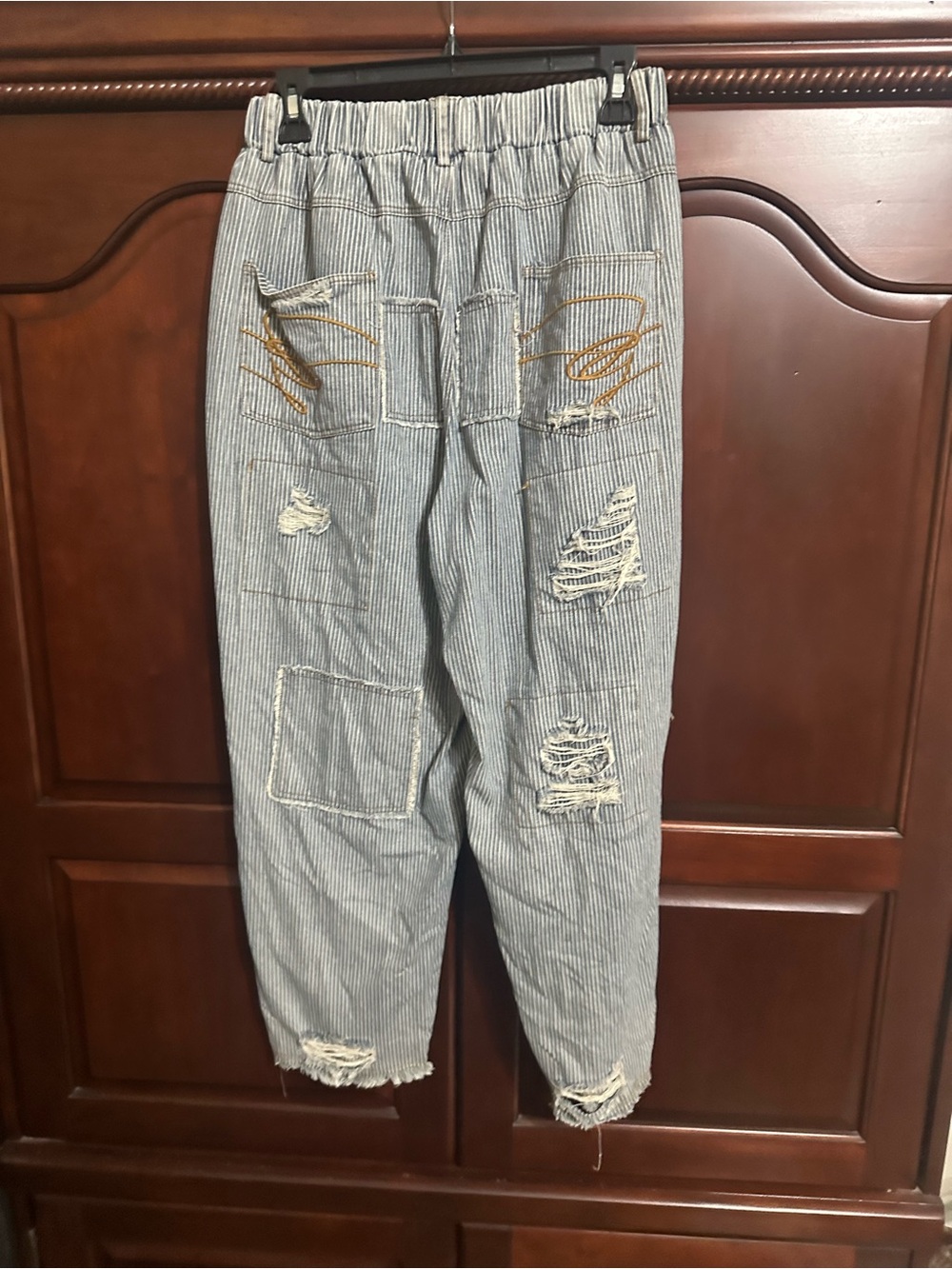 Distressed Stripe Cotton Blend Women’s Jeans - Blue - Picture 2 of 4